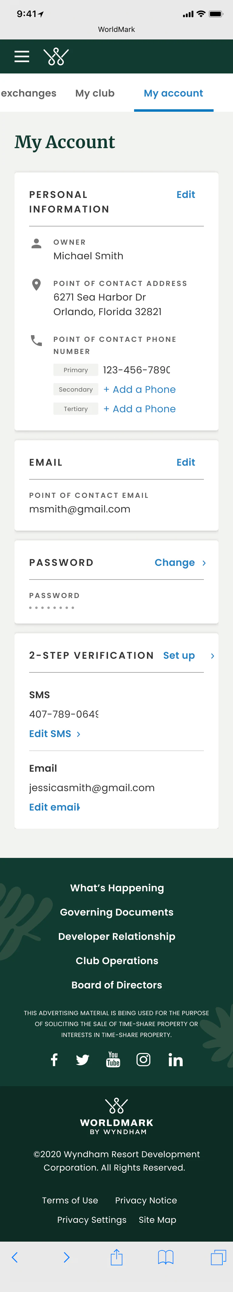 WorldMark account settings on mobile