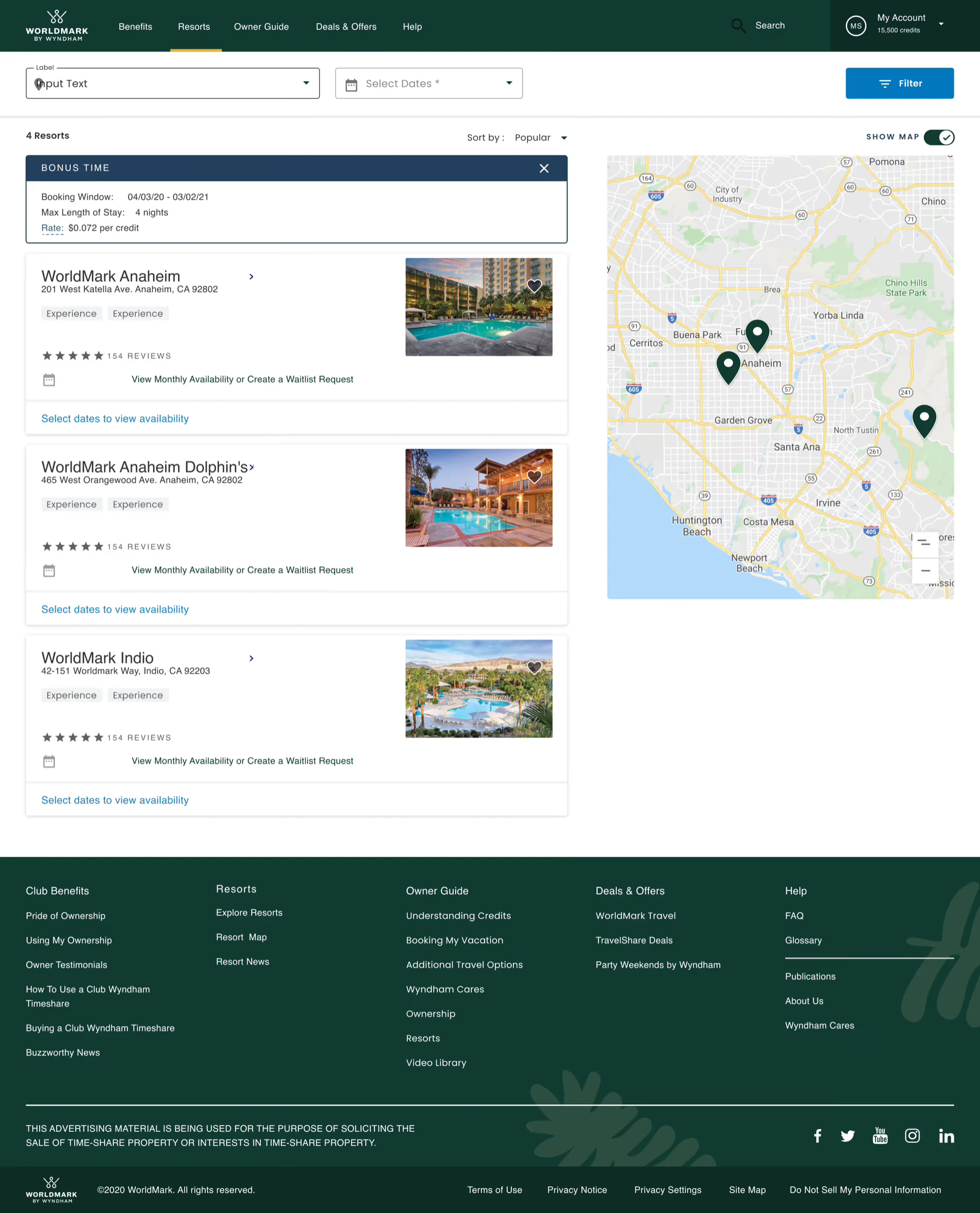 WorldMark Bonus Time search results