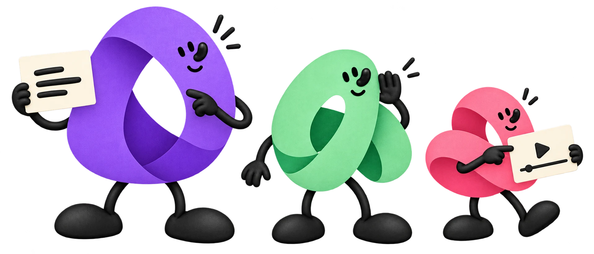 Violet, mint, and pink Loop characters guiding, listening, and reviewing