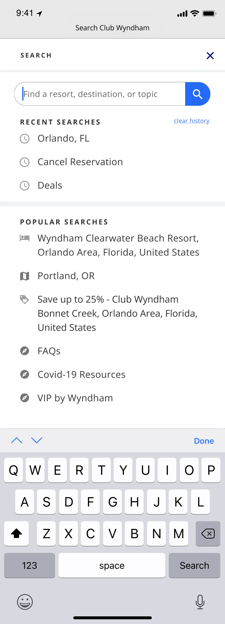 Club Wyndham global search on mobile