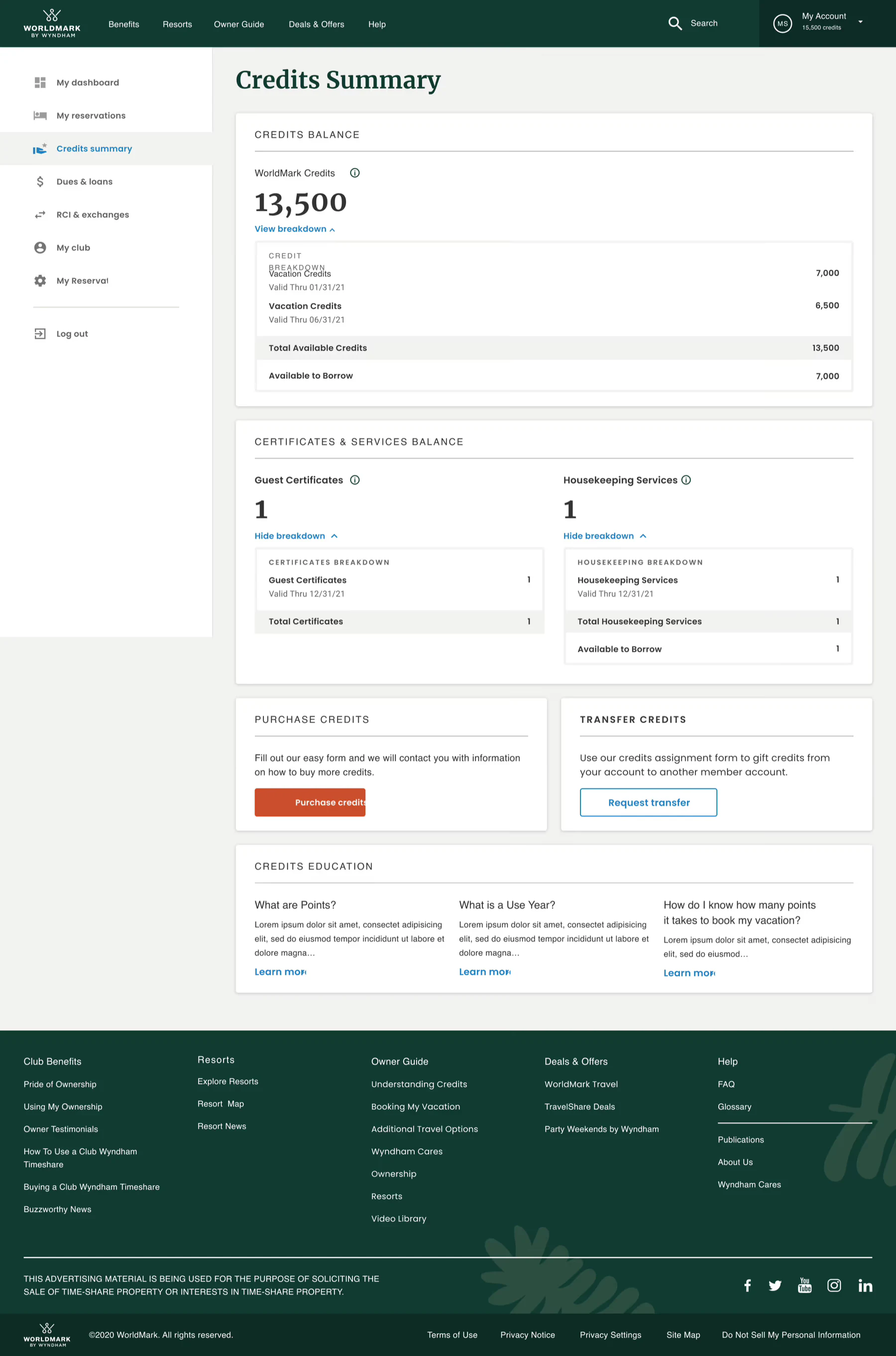 WorldMark ownership credits summary