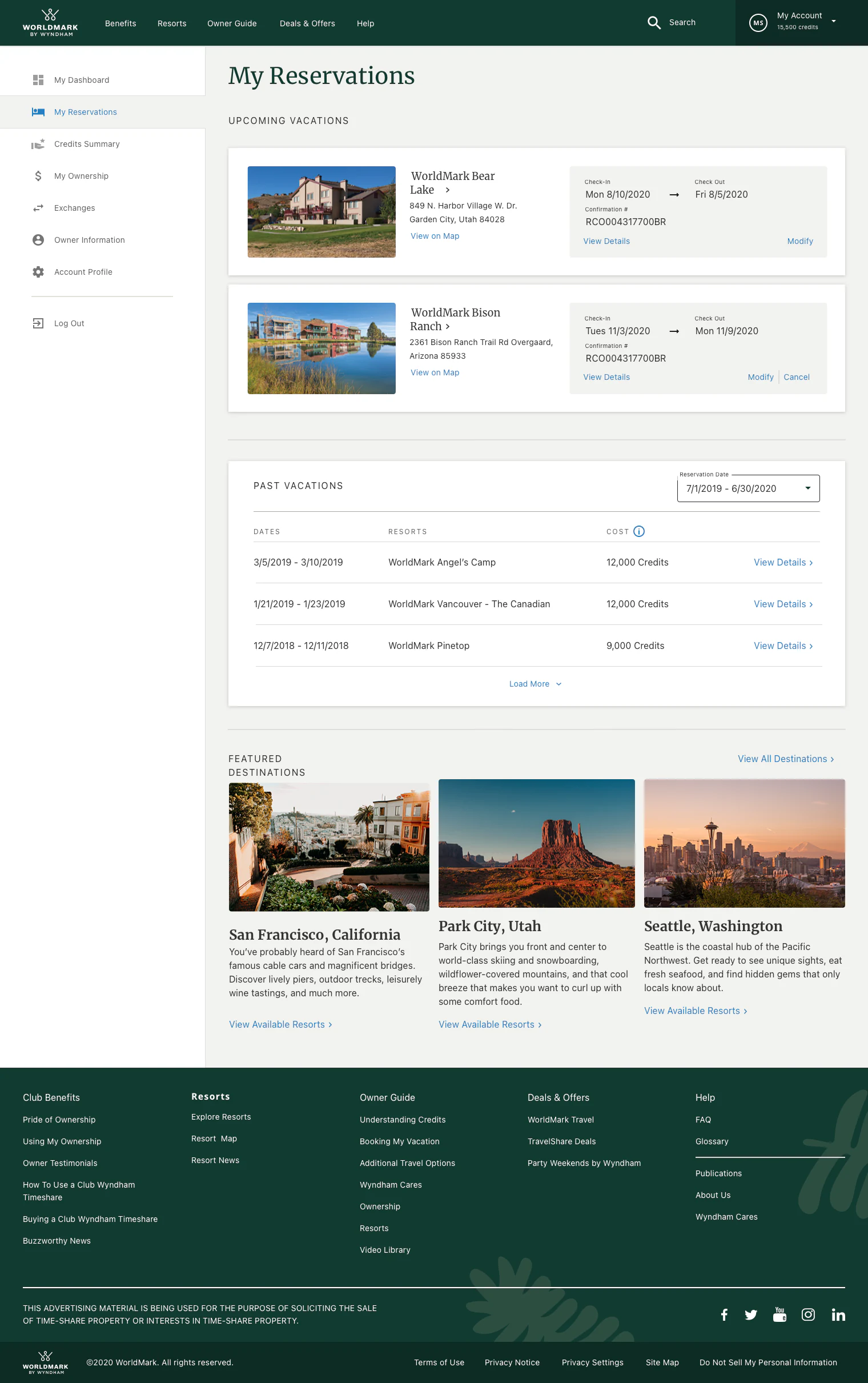 WorldMark My Reservations responsive desktop experience