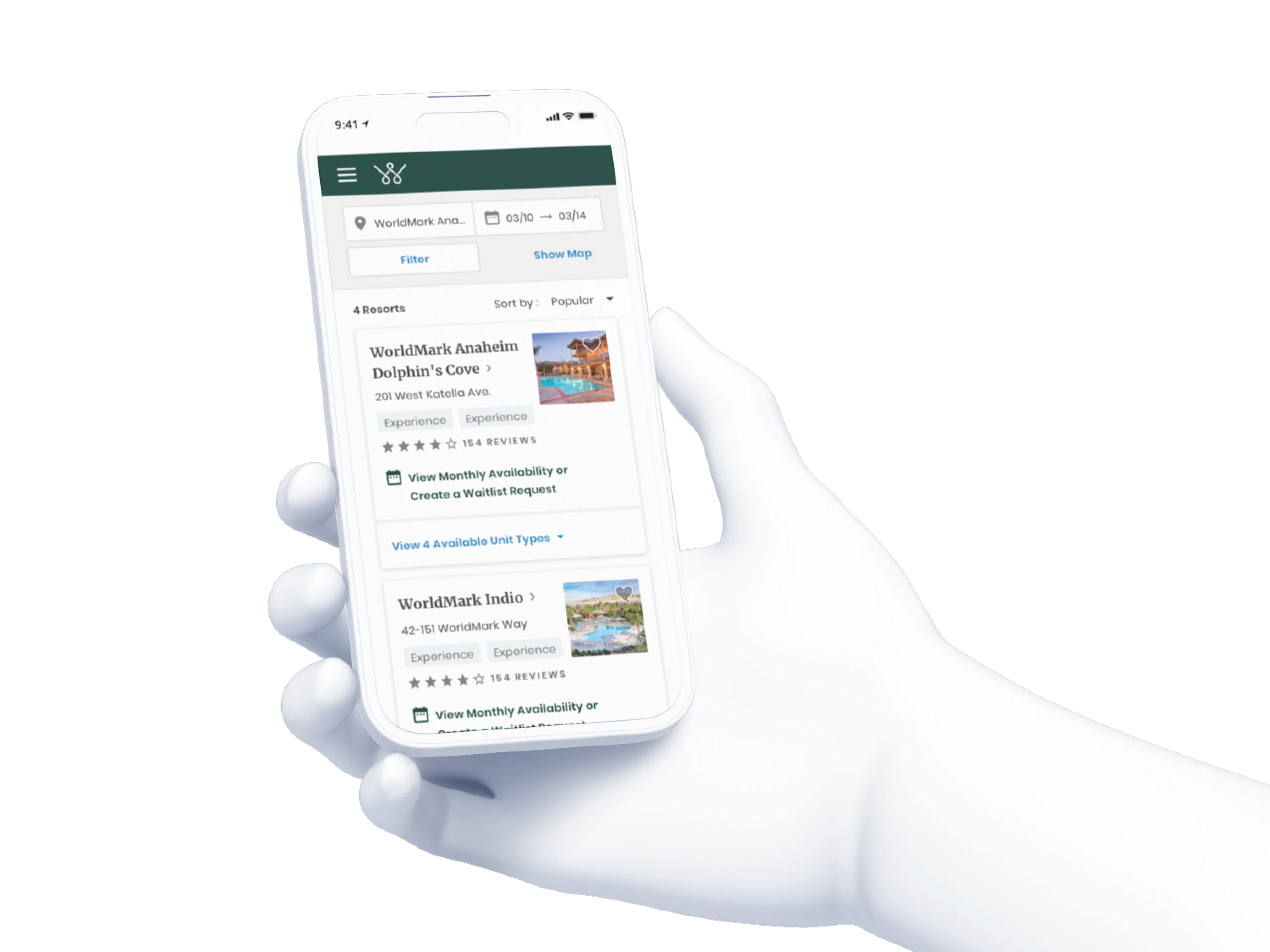WorldMark resort search on a mobile phone