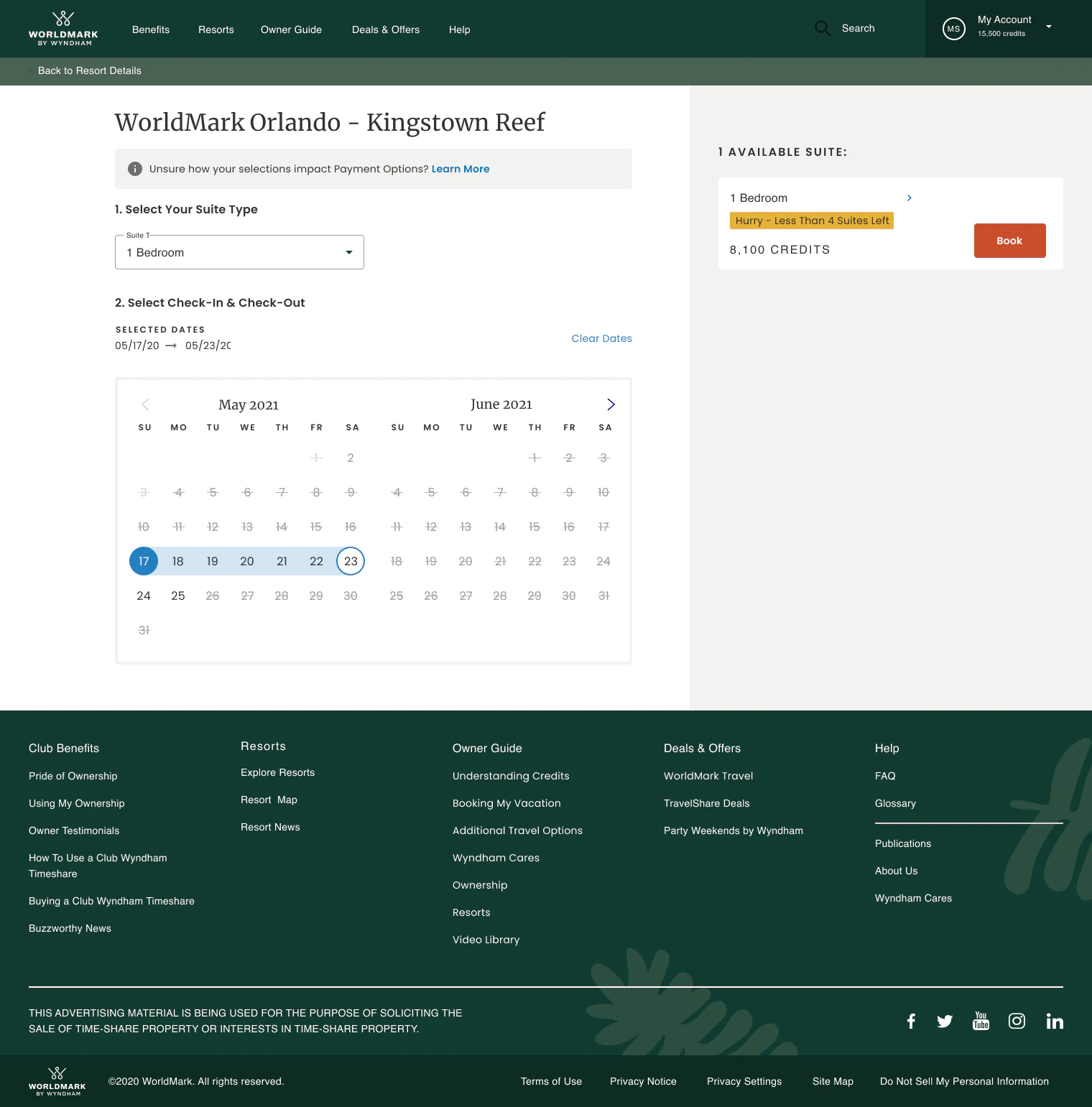 WorldMark monthly availability calendar