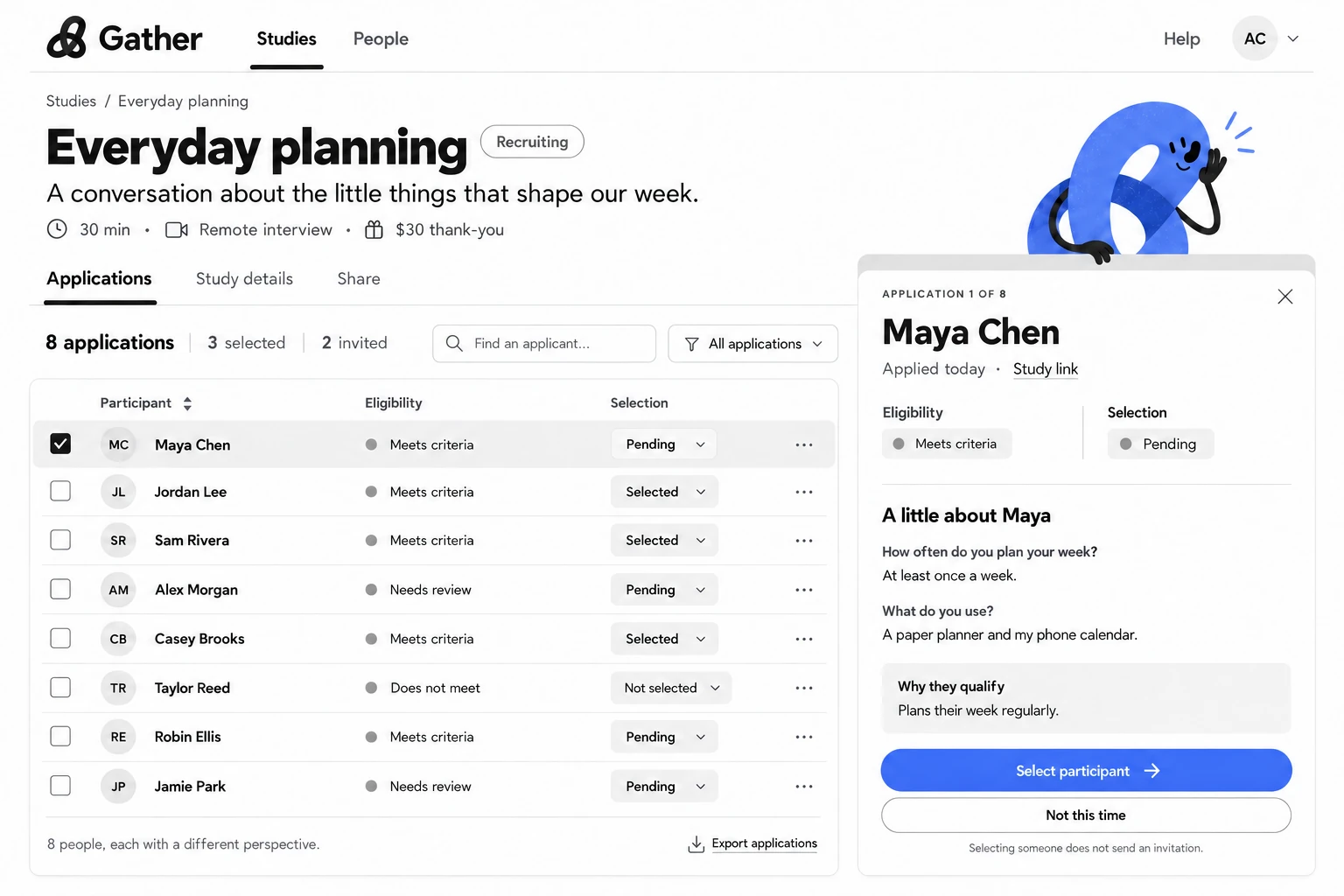 Original generated workspace concept with an applicant list and contextual review, before implementation