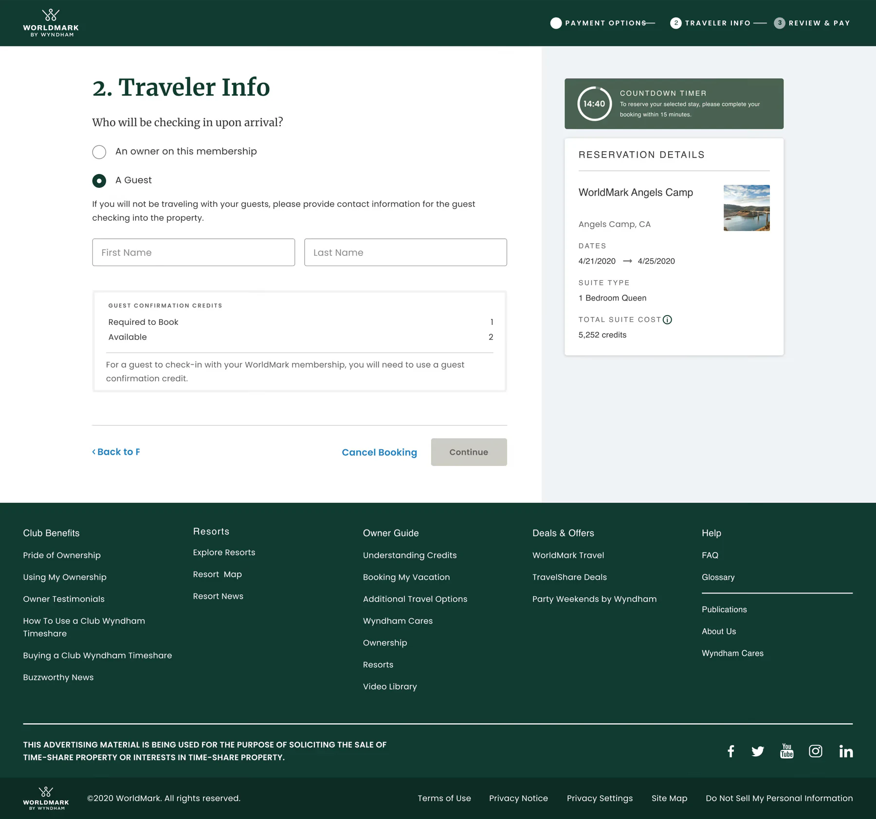 WorldMark traveler information booking step
