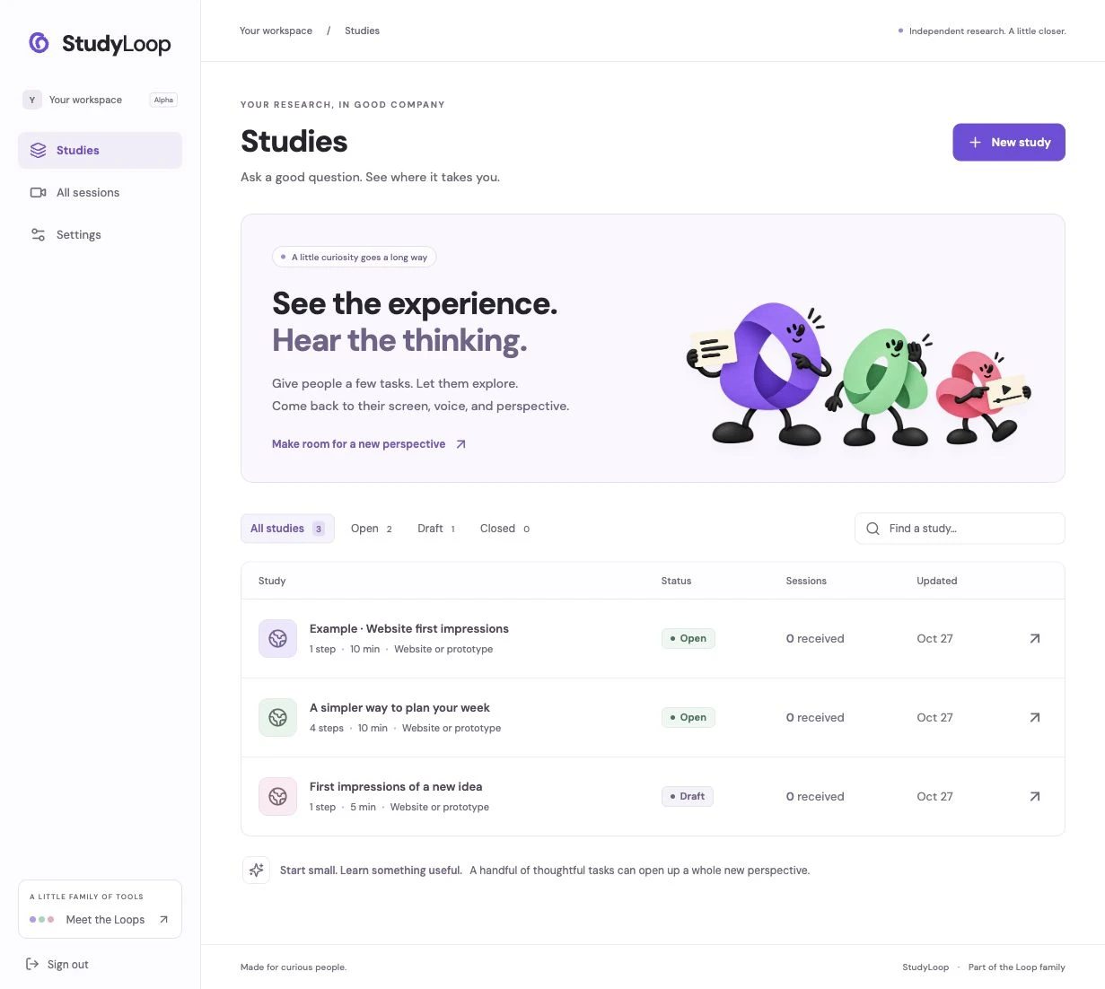 StudyLoop’s current desktop workspace showing fictional example studies and its violet, mint, and pink characters