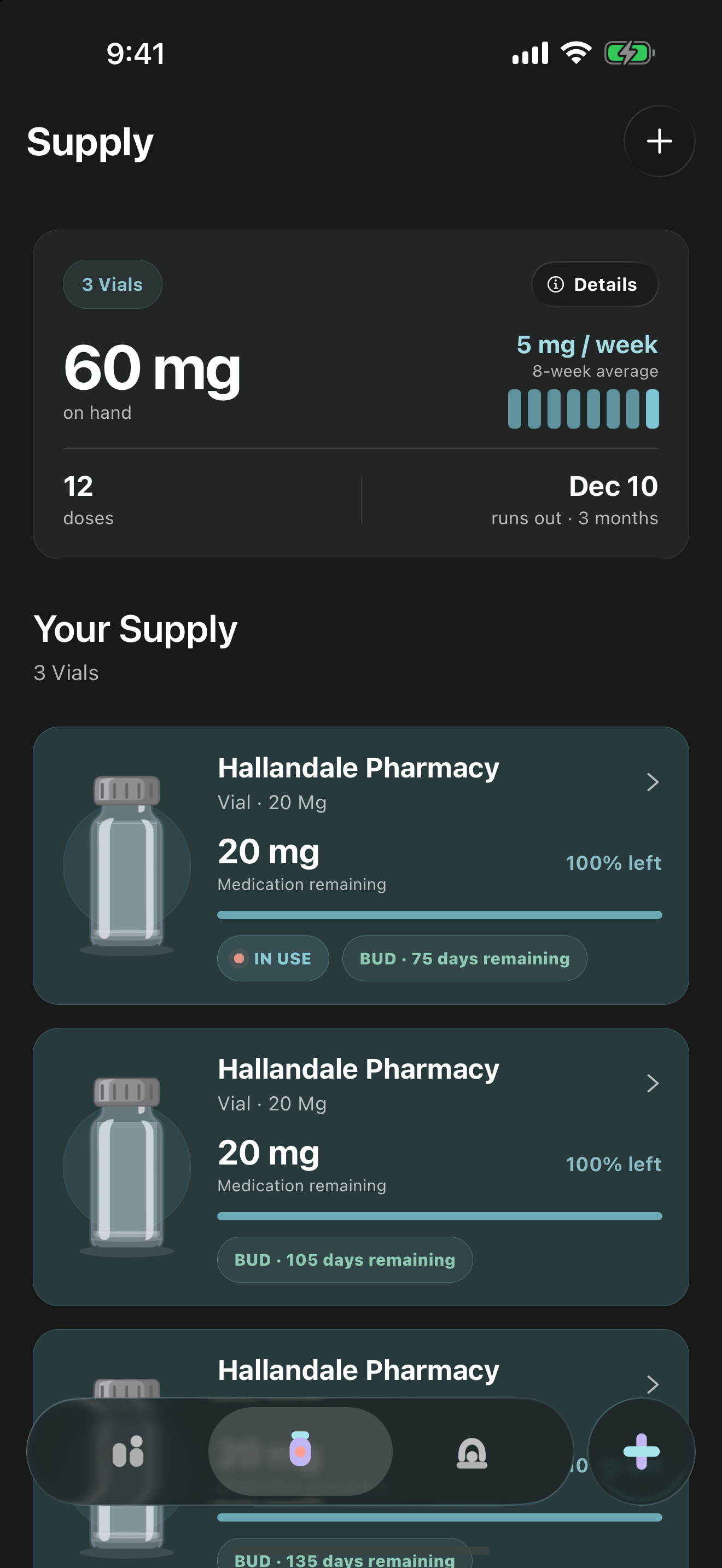 ShotNest medication supply screen