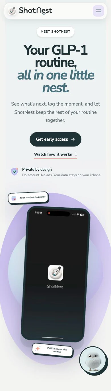 Current ShotNest marketing website mobile hero