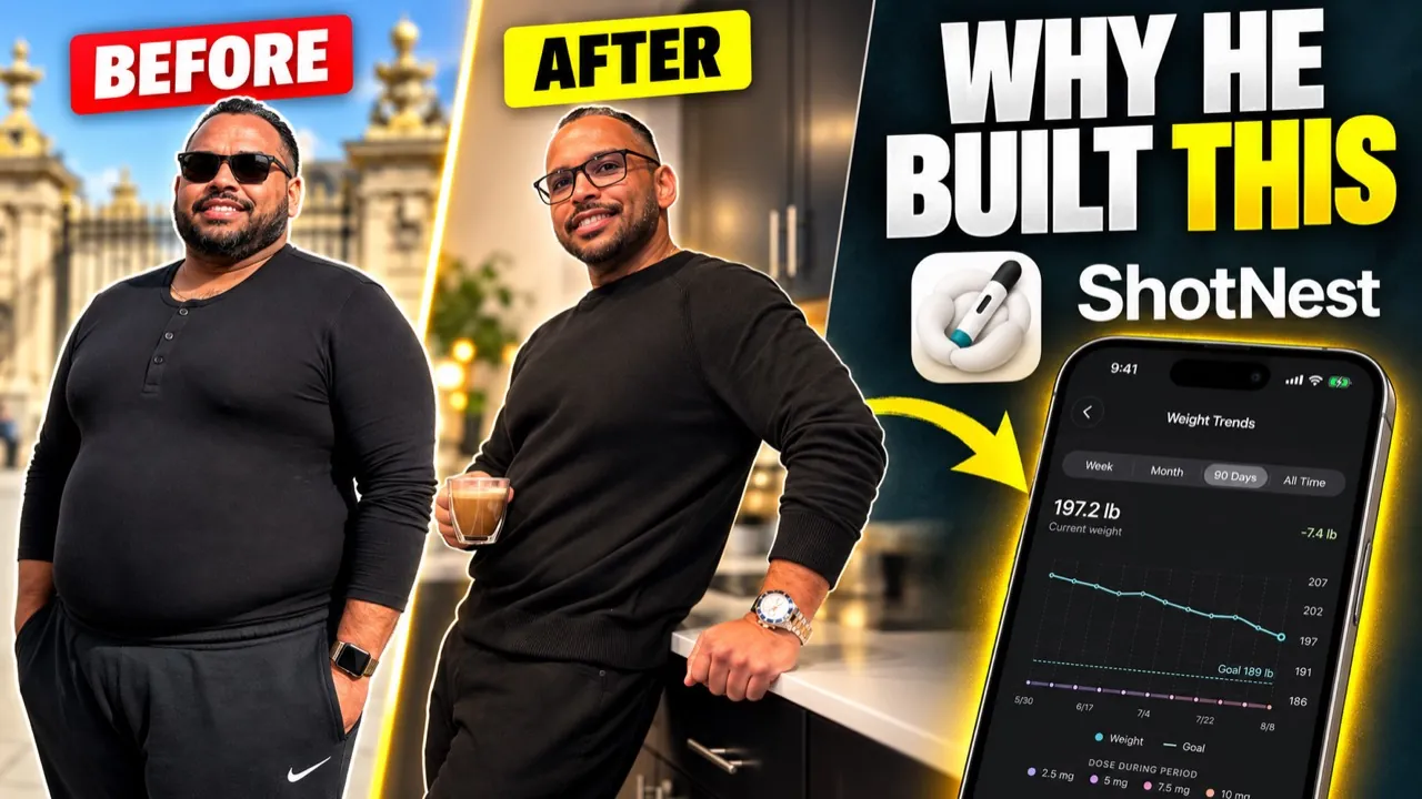 Before-and-after portrait of Anardo beside ShotNest weight trends artwork